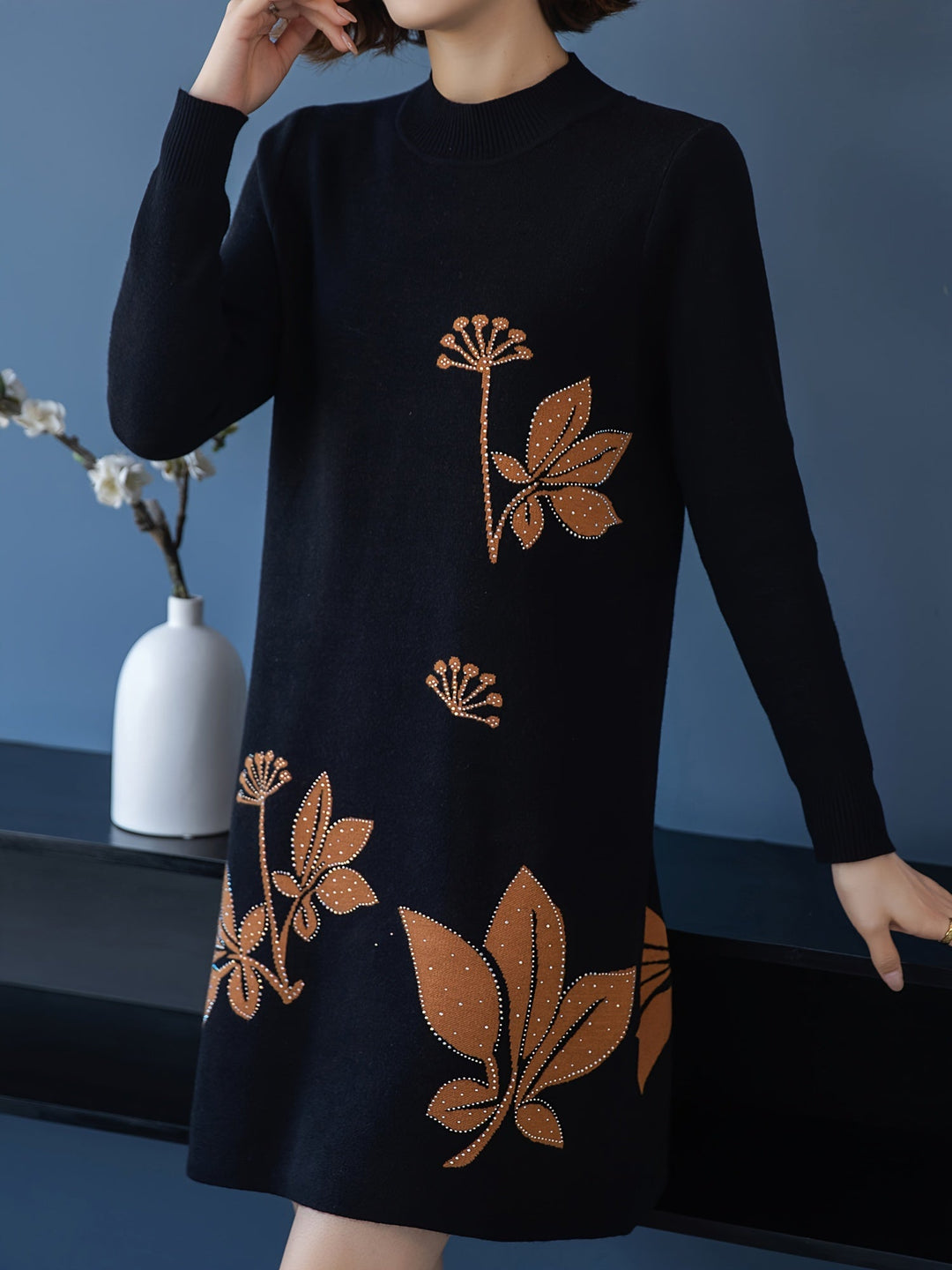 Lourdes™ - Elegant Floral Knit Dress with Round Neck