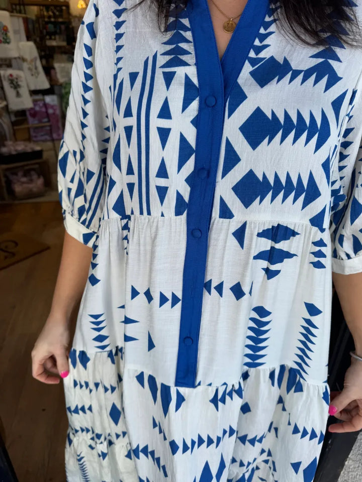 Lorelei™ - Geometric Button Dress with V-Neck