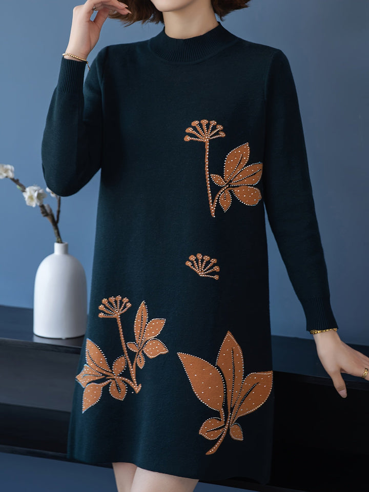 Lourdes™ - Elegant Floral Knit Dress with Round Neck