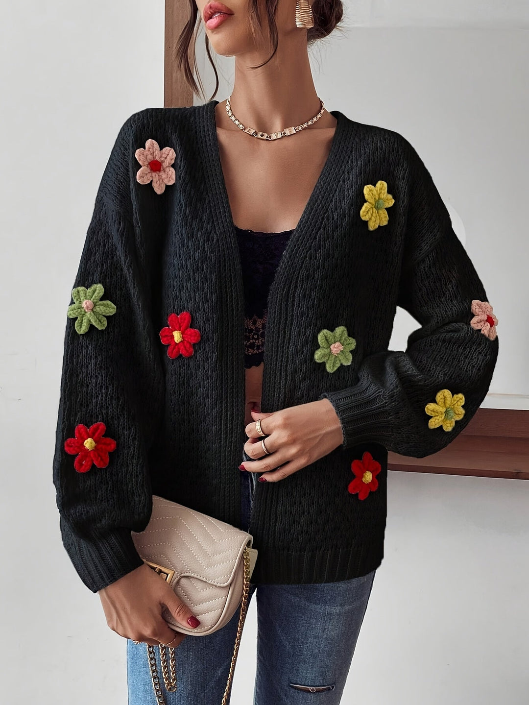 Risette™ - Cardigan Tricoté à Motif Floral