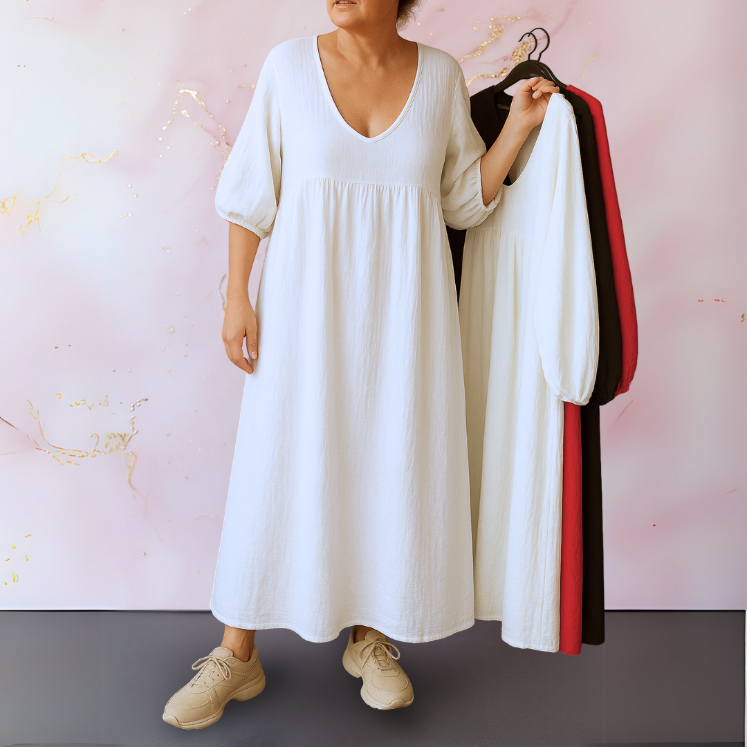 Cléo™ - Solid Color Dress with V-Neck