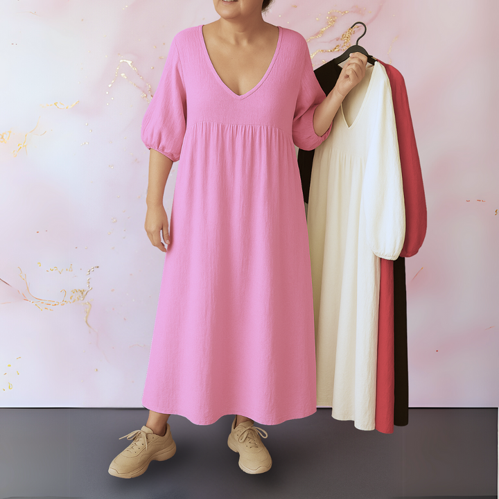 Cléo™ - Solid Color Dress with V-Neck