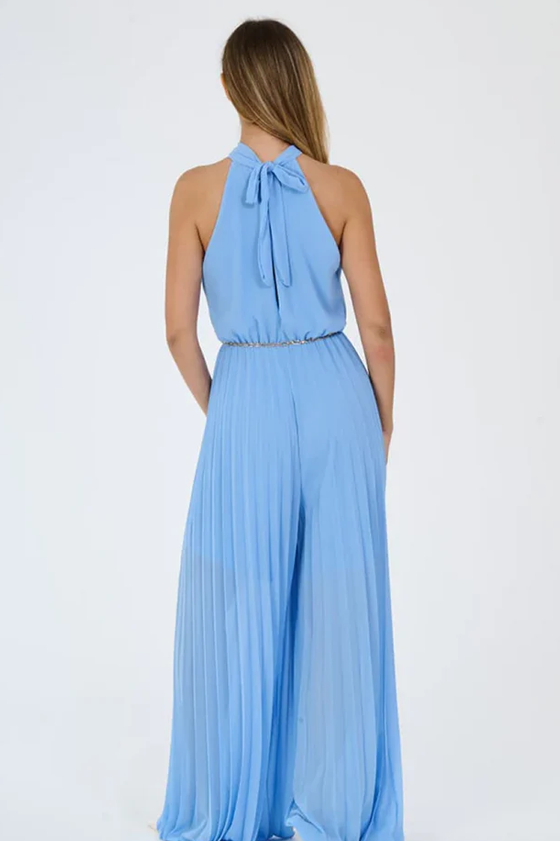 "Celestea" Jumpsuit – Plissé Jumpsuit with Crew Neck and Chain Waist