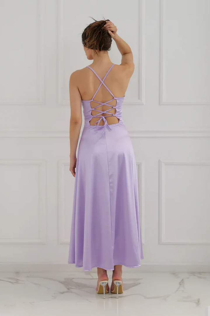 Long satin dress with open back Eva