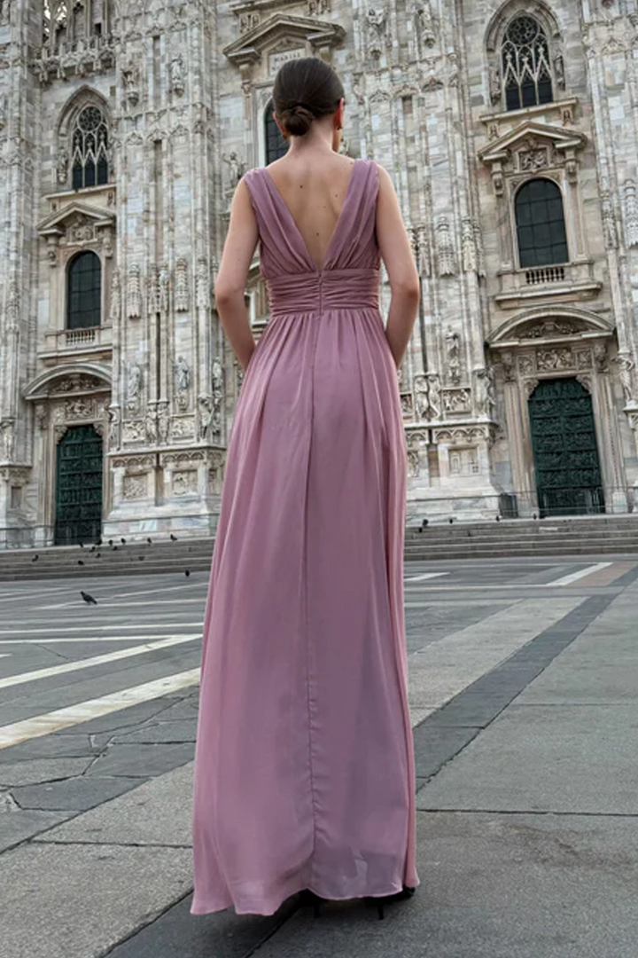 "Callista" Dress – Long V-Neck Dress with Draped Straps and Side Slit