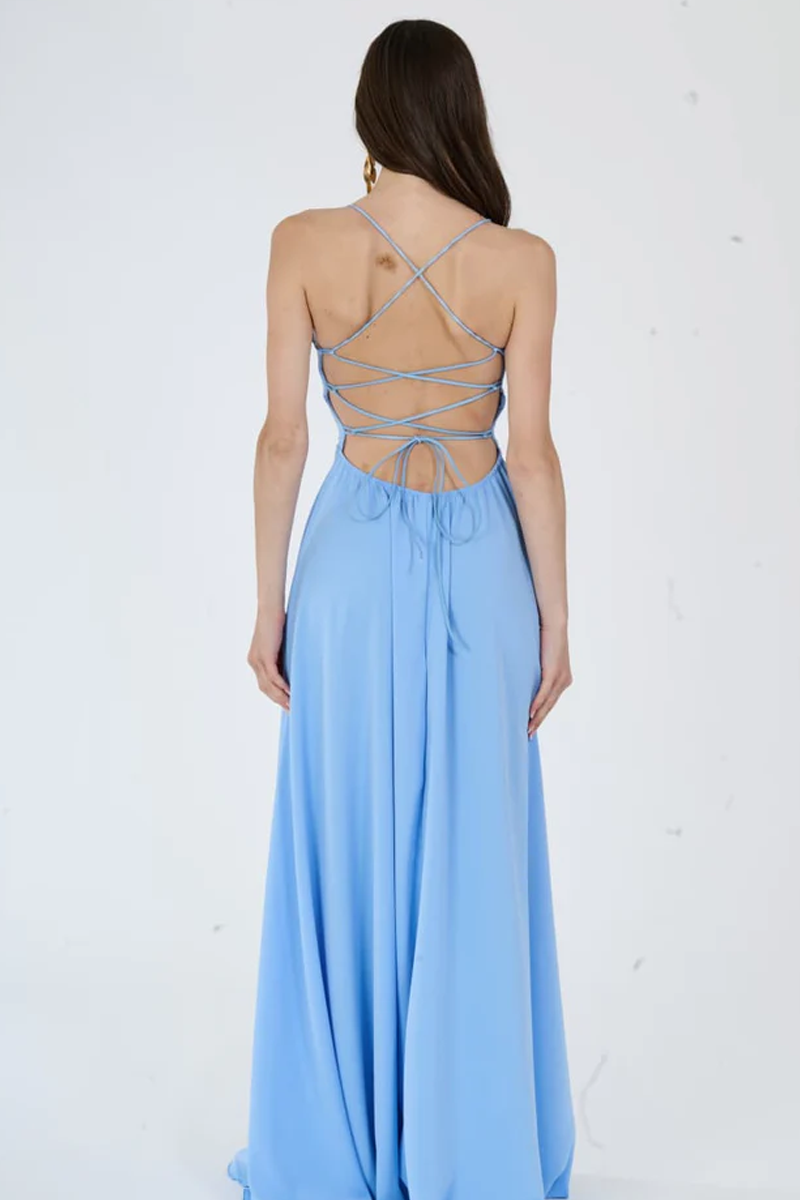 "Delfina" Dress – Elegant Long Dress in Polyester with Thin Straps and Tied Back