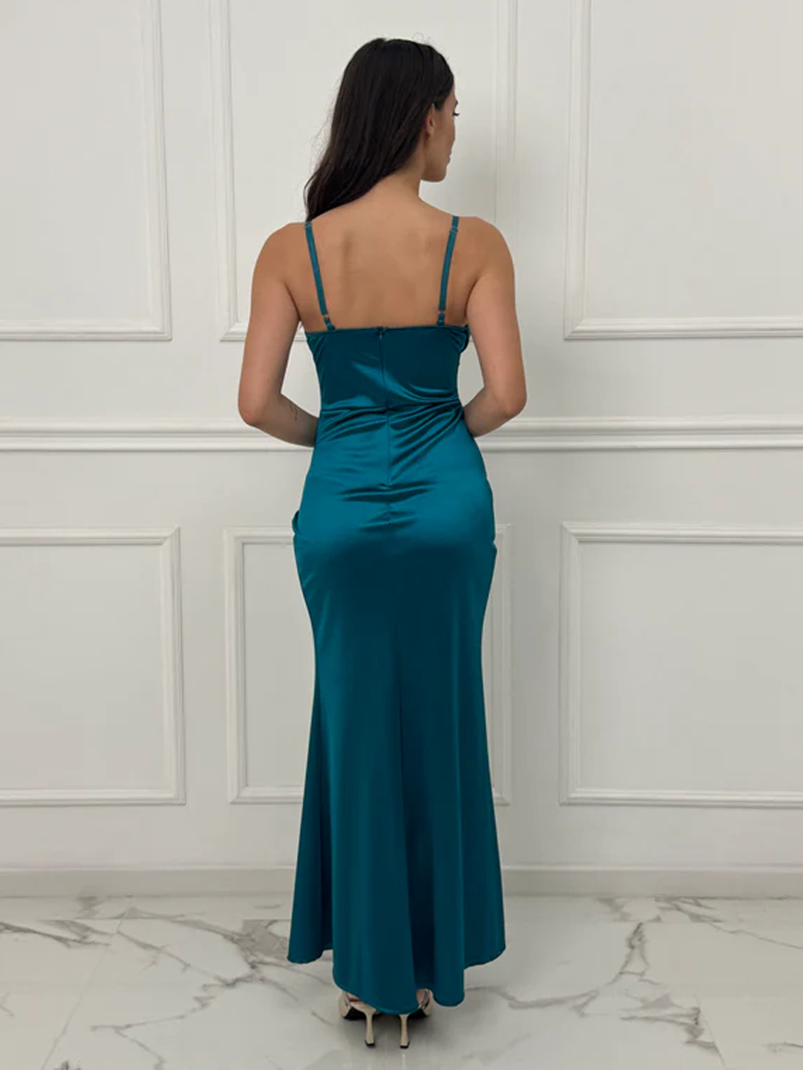 Satin dress with boned bodice and side slit Romina