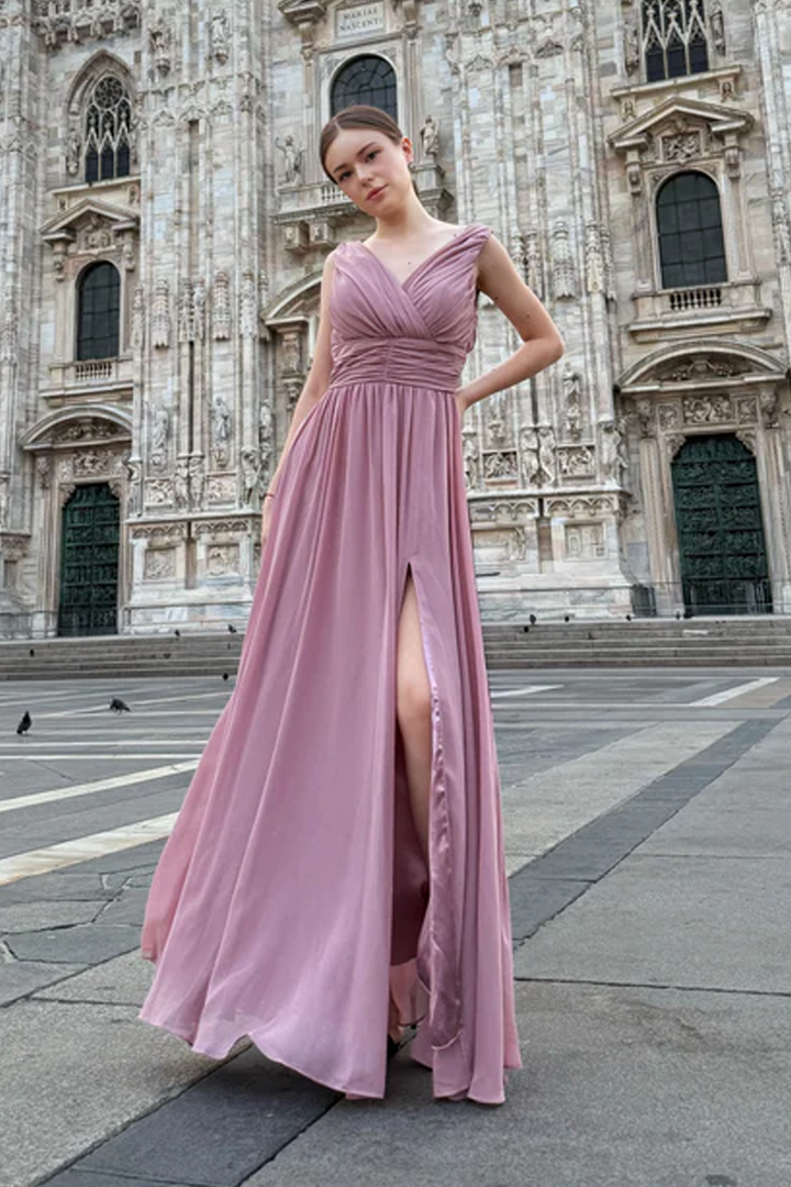 "Callista" Dress – Long V-Neck Dress with Draped Straps and Side Slit