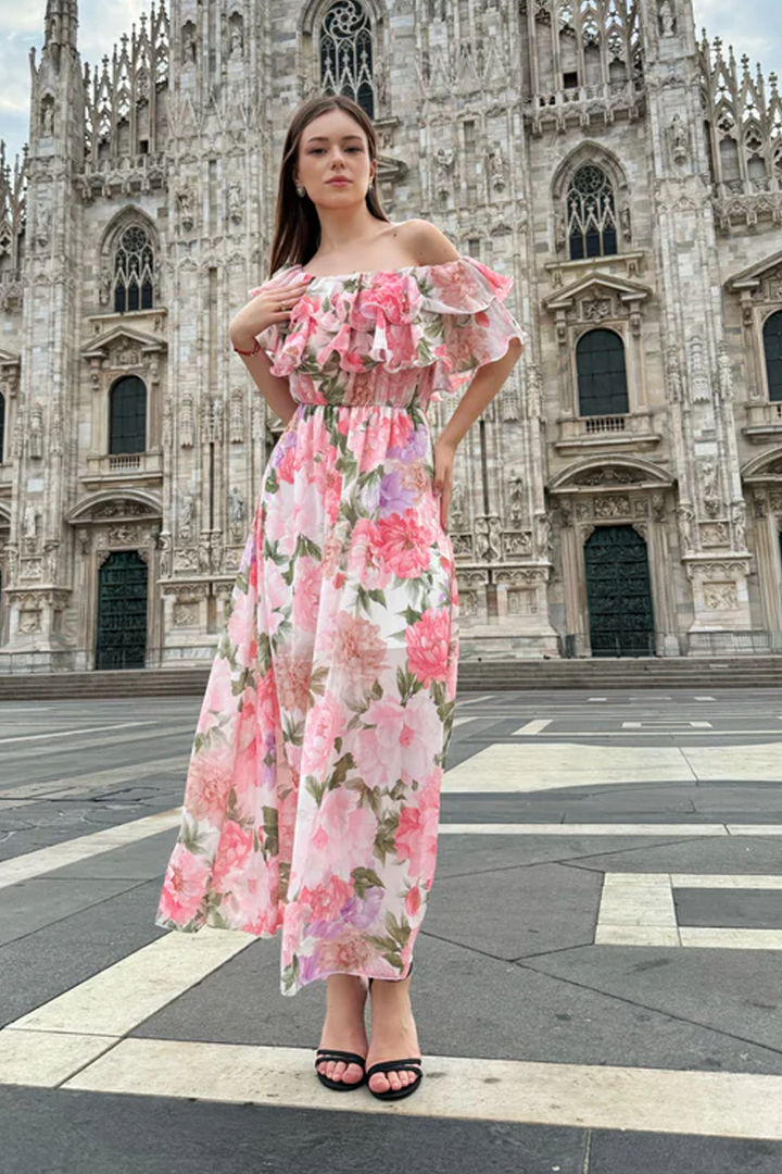 “Hydrangea” Dress – Long Floral Dress with Off-the-Shoulder Sleeves and Romantic Ruffles