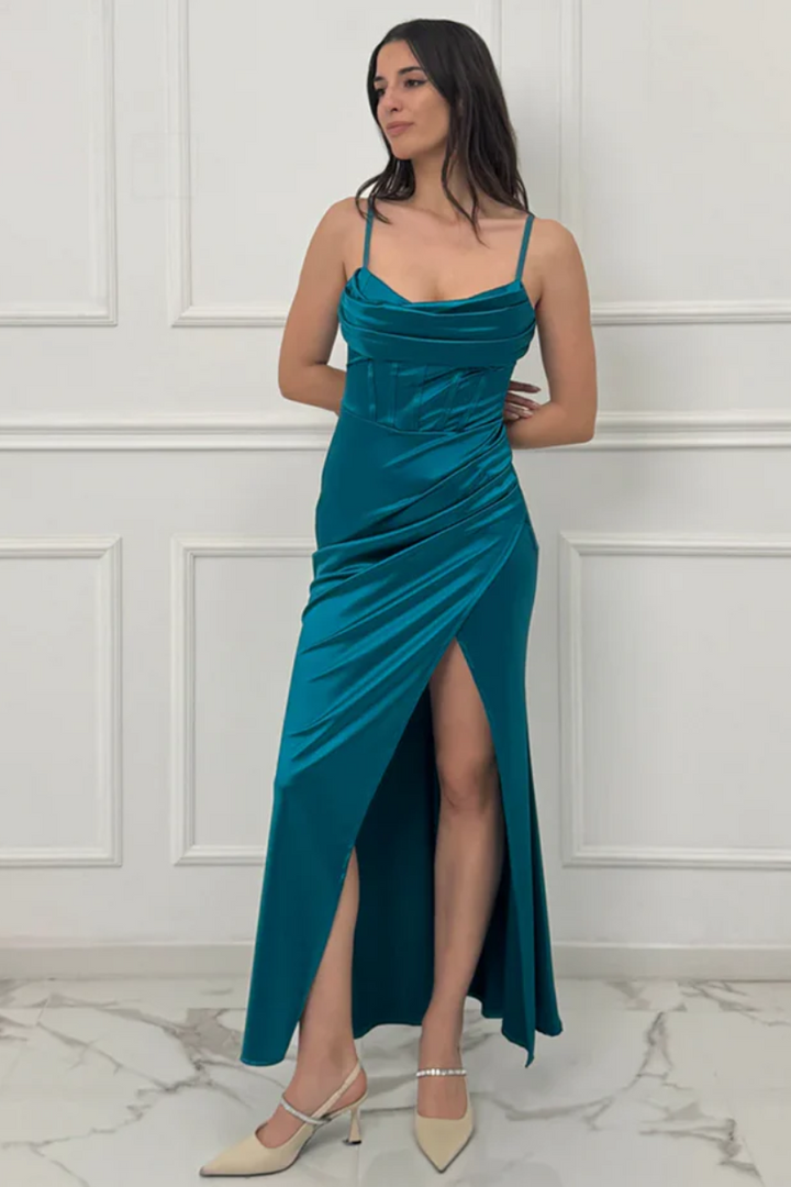 Satin dress with boned bodice and side slit Romina