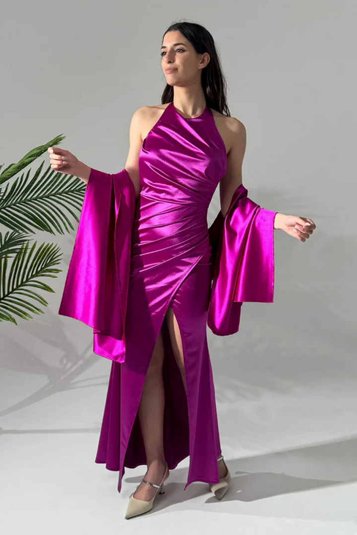 Draped Satin Dress with American Neckline Aria