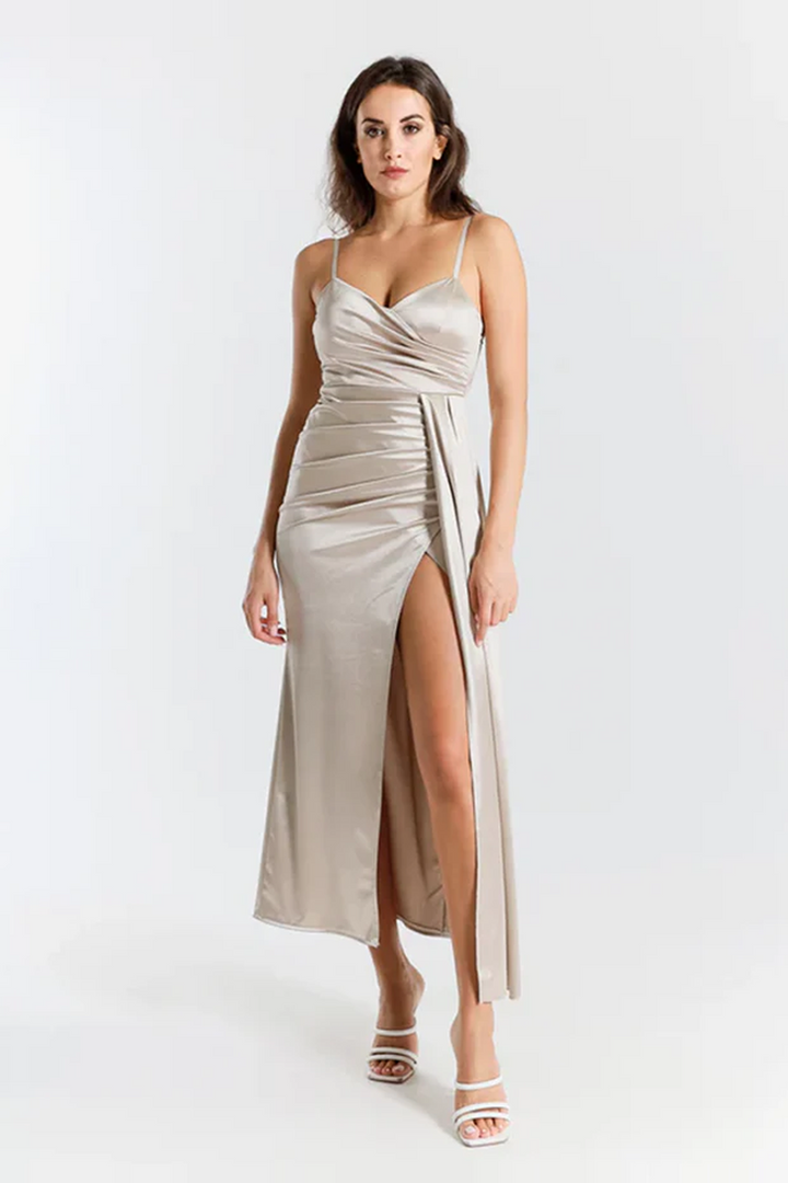 Draped Satin Long Dress with Side Slit Beatrice