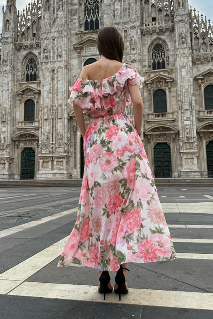 “Hydrangea” Dress – Long Floral Dress with Off-the-Shoulder Sleeves and Romantic Ruffles