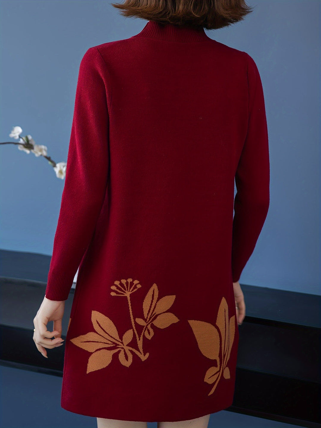 Lourdes™ - Elegant Floral Knit Dress with Round Neck