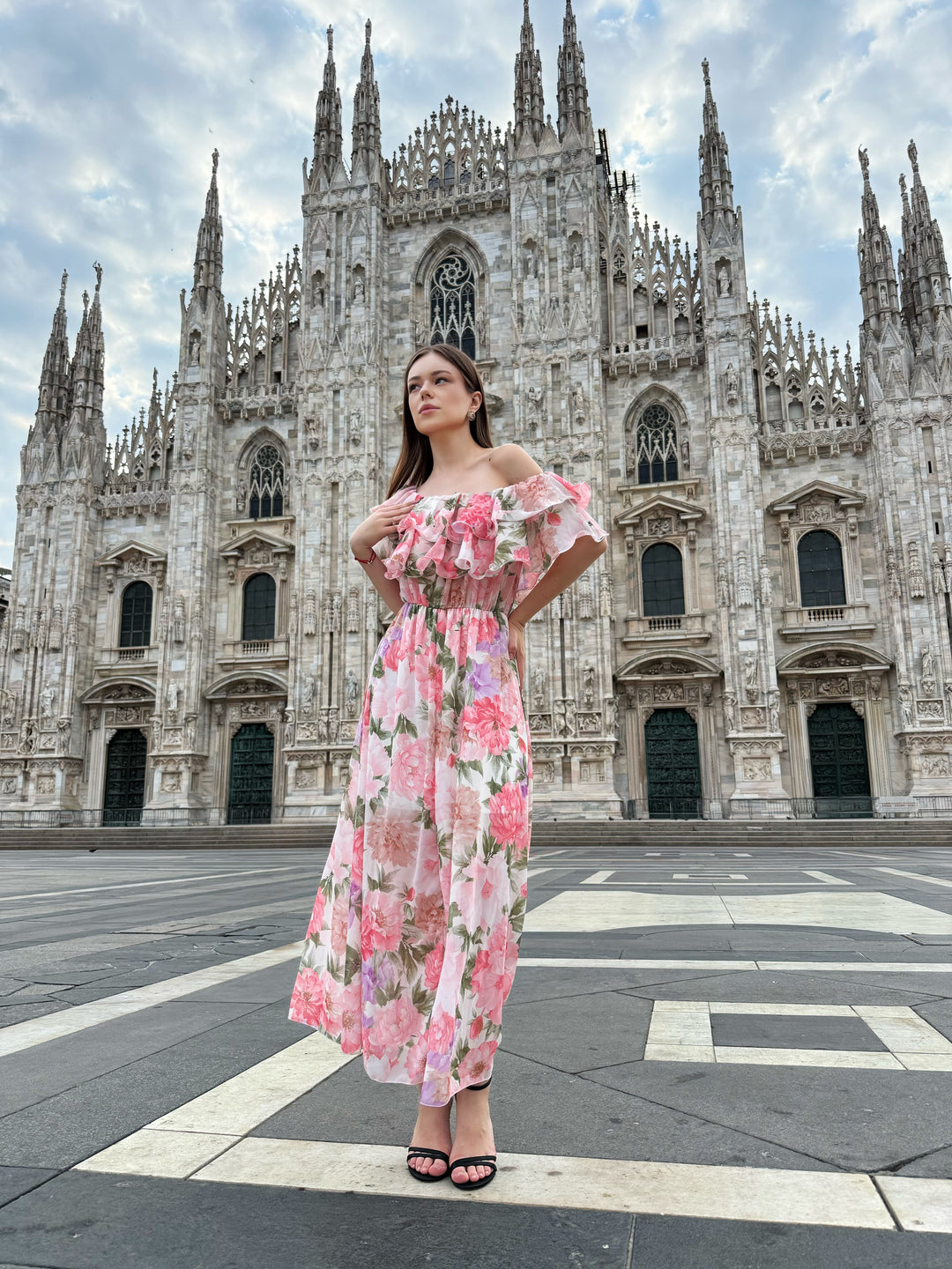 “Hydrangea” Dress – Long Floral Dress with Off-the-Shoulder Sleeves and Romantic Ruffles