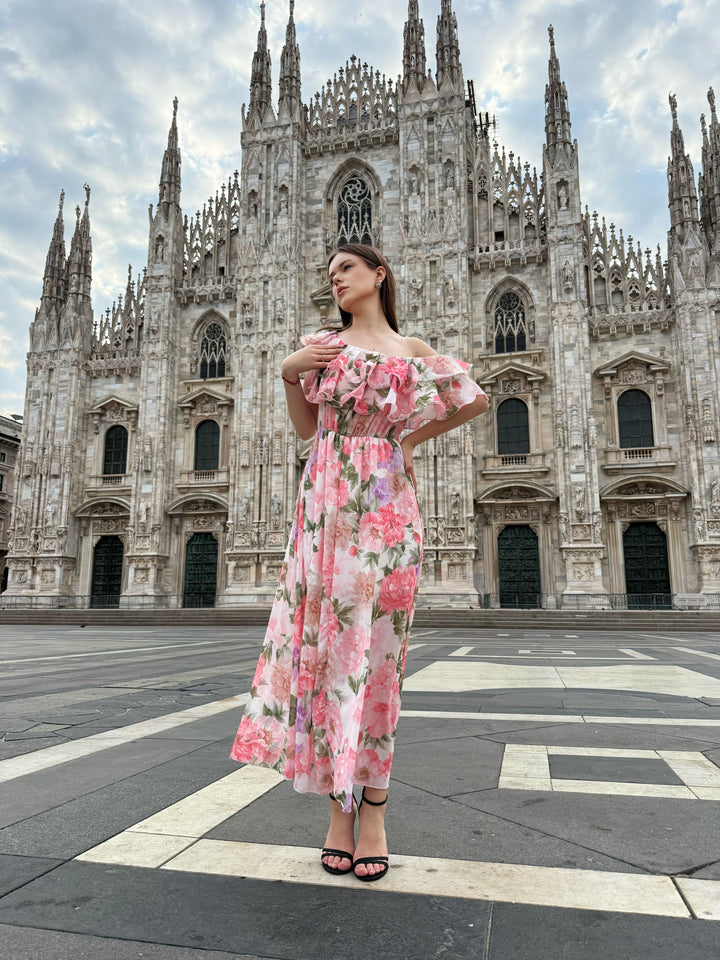 “Hydrangea” Dress – Long Floral Dress with Off-the-Shoulder Sleeves and Romantic Ruffles