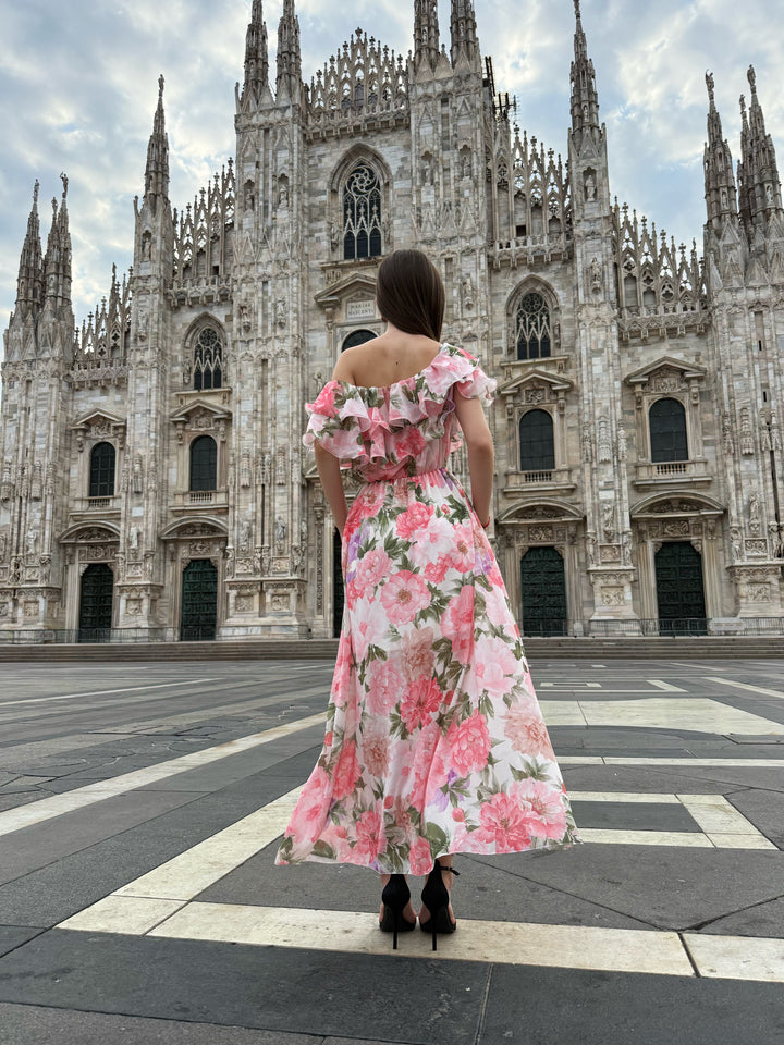 “Hydrangea” Dress – Long Floral Dress with Off-the-Shoulder Sleeves and Romantic Ruffles