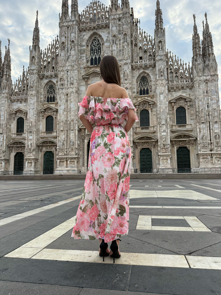“Hydrangea” Dress – Long Floral Dress with Off-the-Shoulder Sleeves and Romantic Ruffles