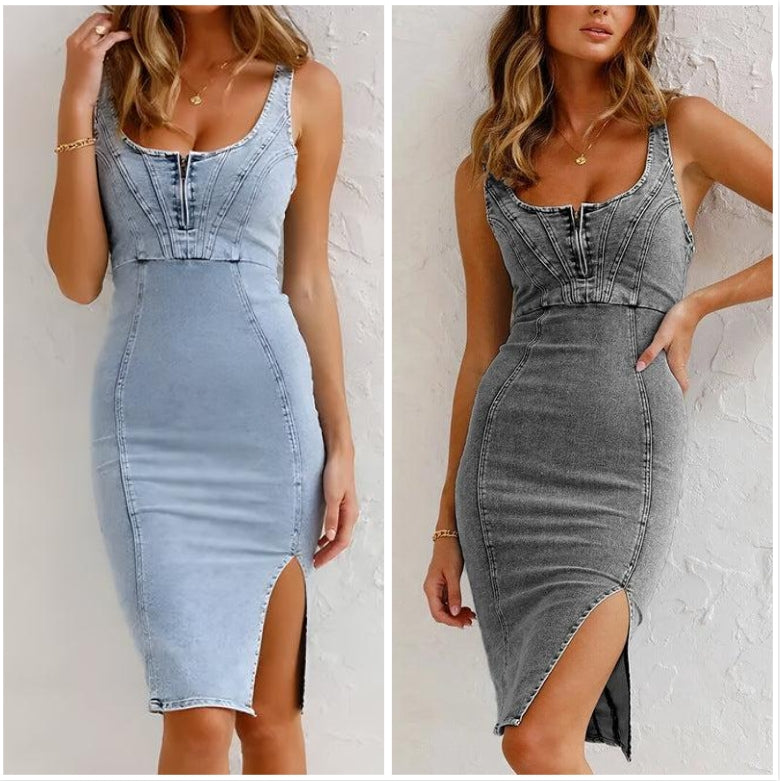 Estelle™ - Adjustable Strap Bodycon Denim Dress with U-Neck and Slit