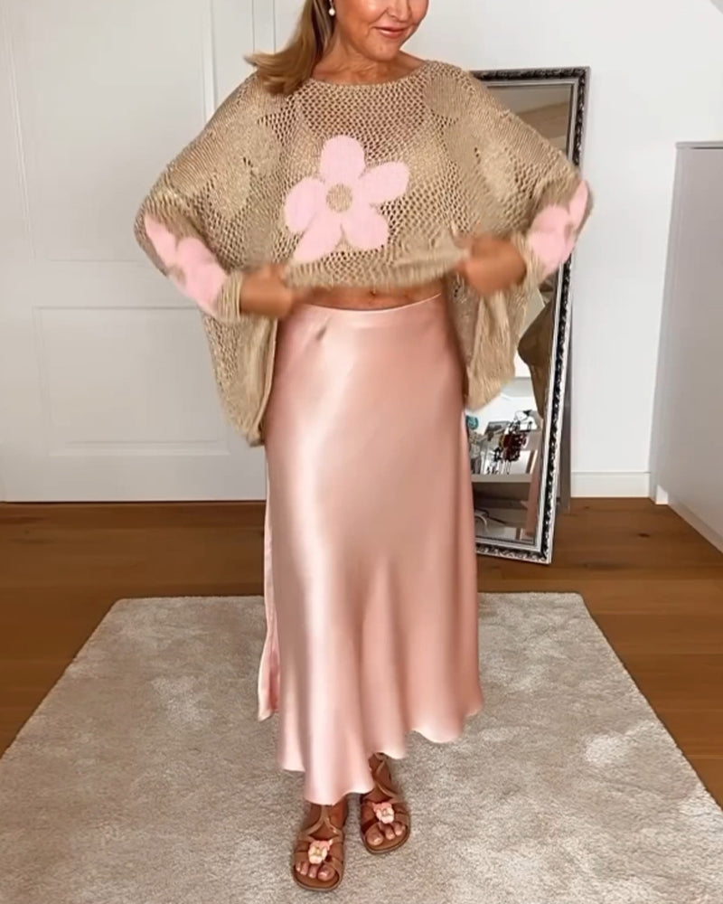 Sasha™ - Floral Knit Sweater with Long, Openwork Sleeves