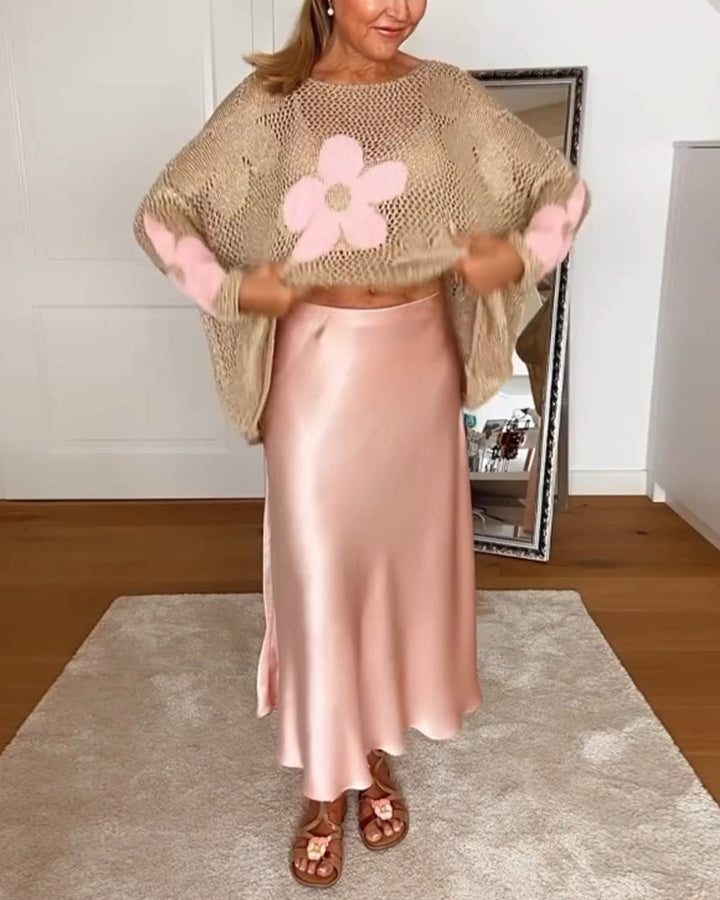 Sasha™ - Floral Knit Sweater with Long, Openwork Sleeves