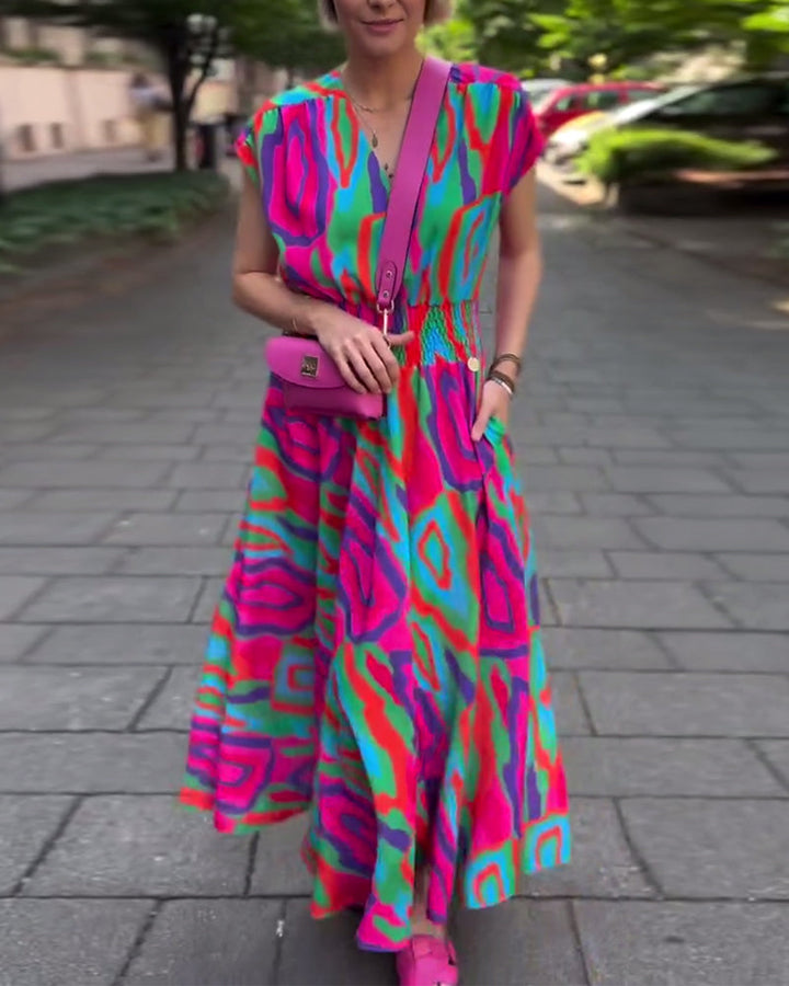 Roxana™ - Long colorful printed dress with V-neck and raglan sleeves