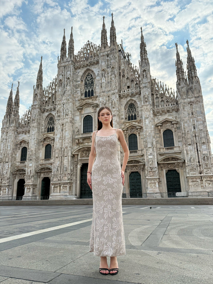 “Melvya” Dress – Long Beige Dress with Thin Straps and Raised Floral Embroidery