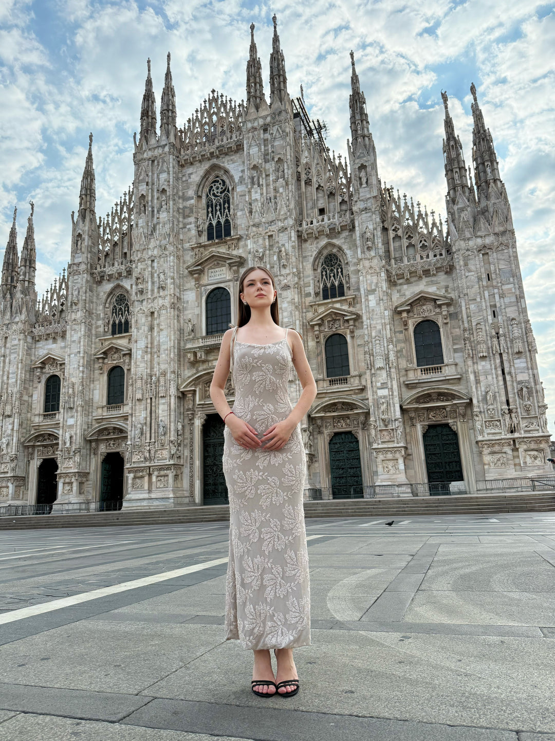 “Melvya” Dress – Long Beige Dress with Thin Straps and Raised Floral Embroidery
