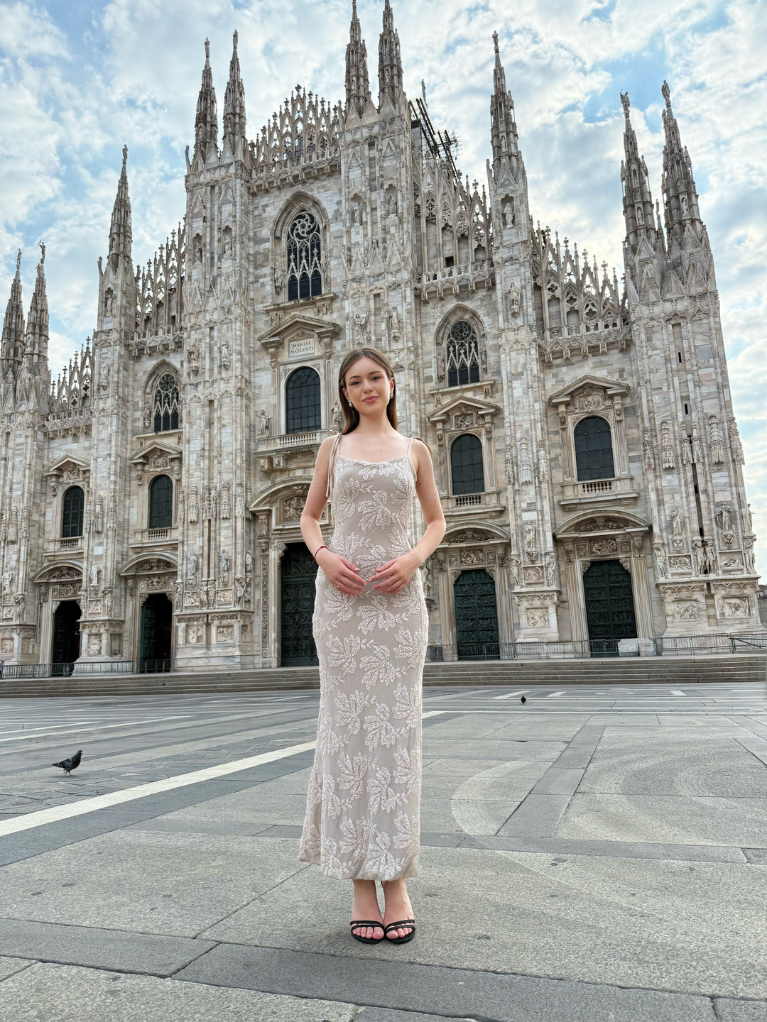 “Melvya” Dress – Long Beige Dress with Thin Straps and Raised Floral Embroidery