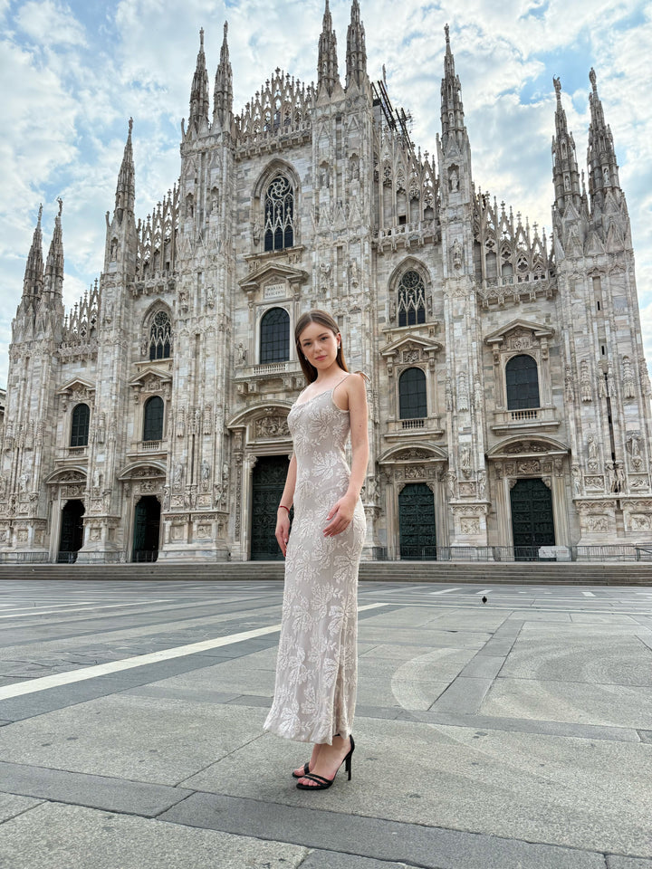 “Melvya” Dress – Long Beige Dress with Thin Straps and Raised Floral Embroidery