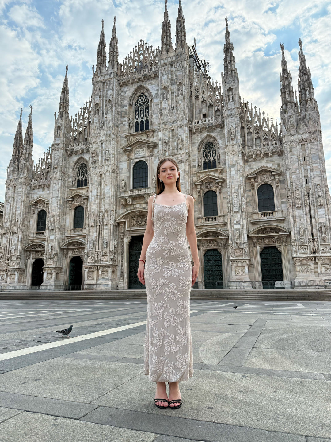 “Melvya” Dress – Long Beige Dress with Thin Straps and Raised Floral Embroidery