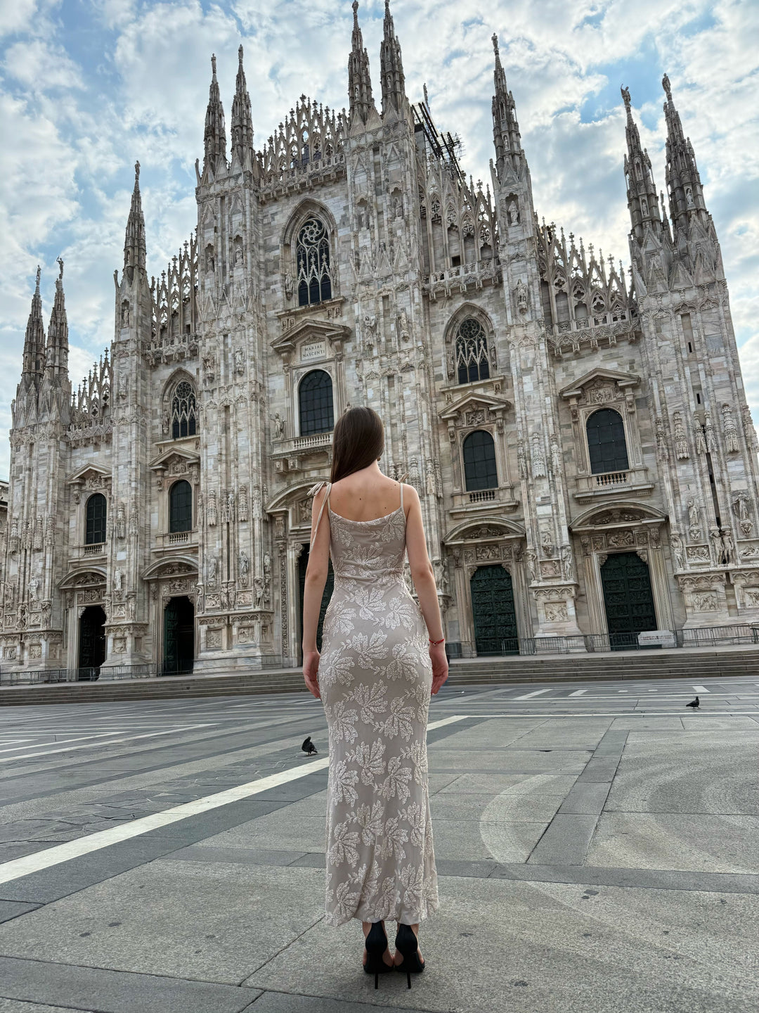 “Melvya” Dress – Long Beige Dress with Thin Straps and Raised Floral Embroidery
