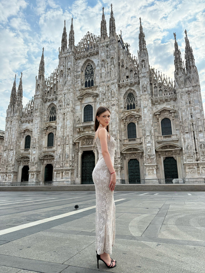 “Melvya” Dress – Long Beige Dress with Thin Straps and Raised Floral Embroidery