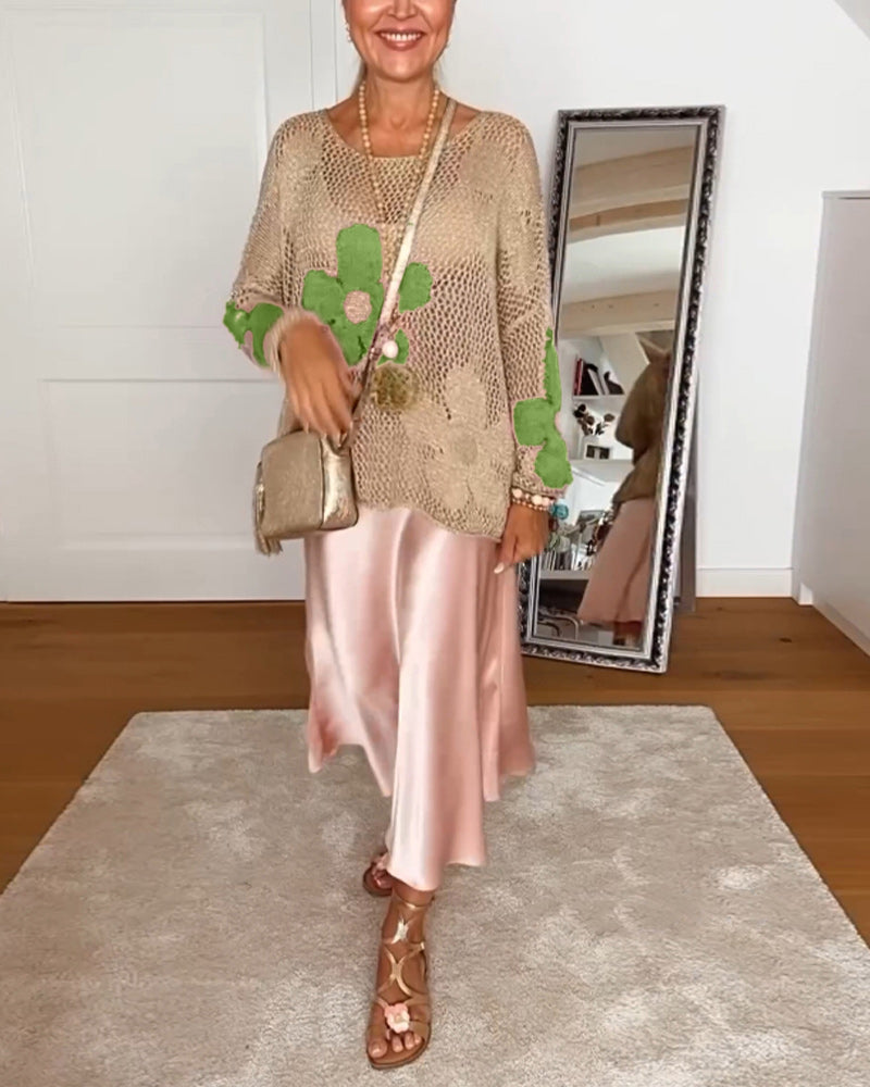 Sasha™ - Floral Knit Sweater with Long, Openwork Sleeves