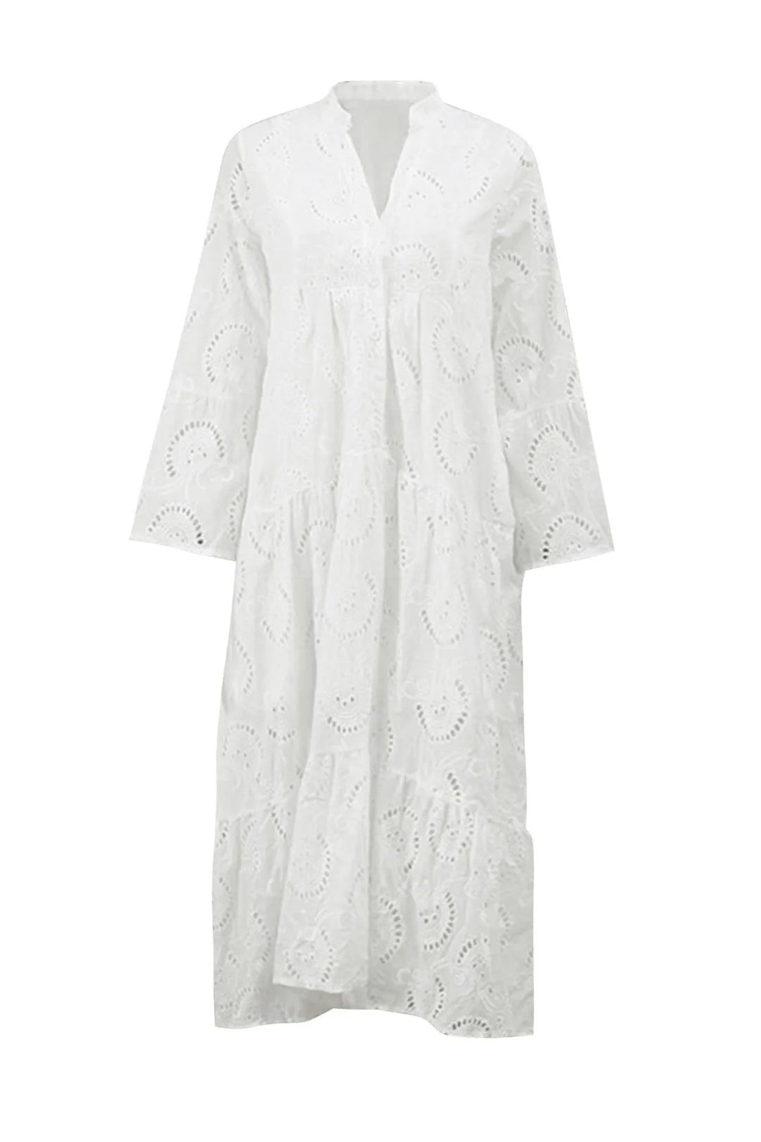 Noa™ - Cotton Dress with Embroidered Sleeves and V-Neck
