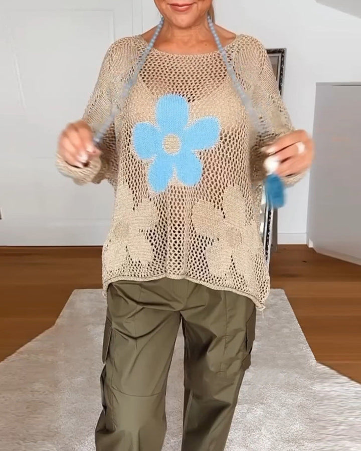 Sasha™ - Floral Knit Sweater with Long, Openwork Sleeves