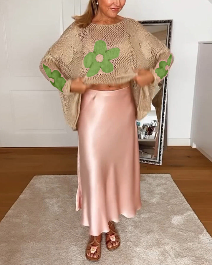 Sasha™ - Floral Knit Sweater with Long, Openwork Sleeves