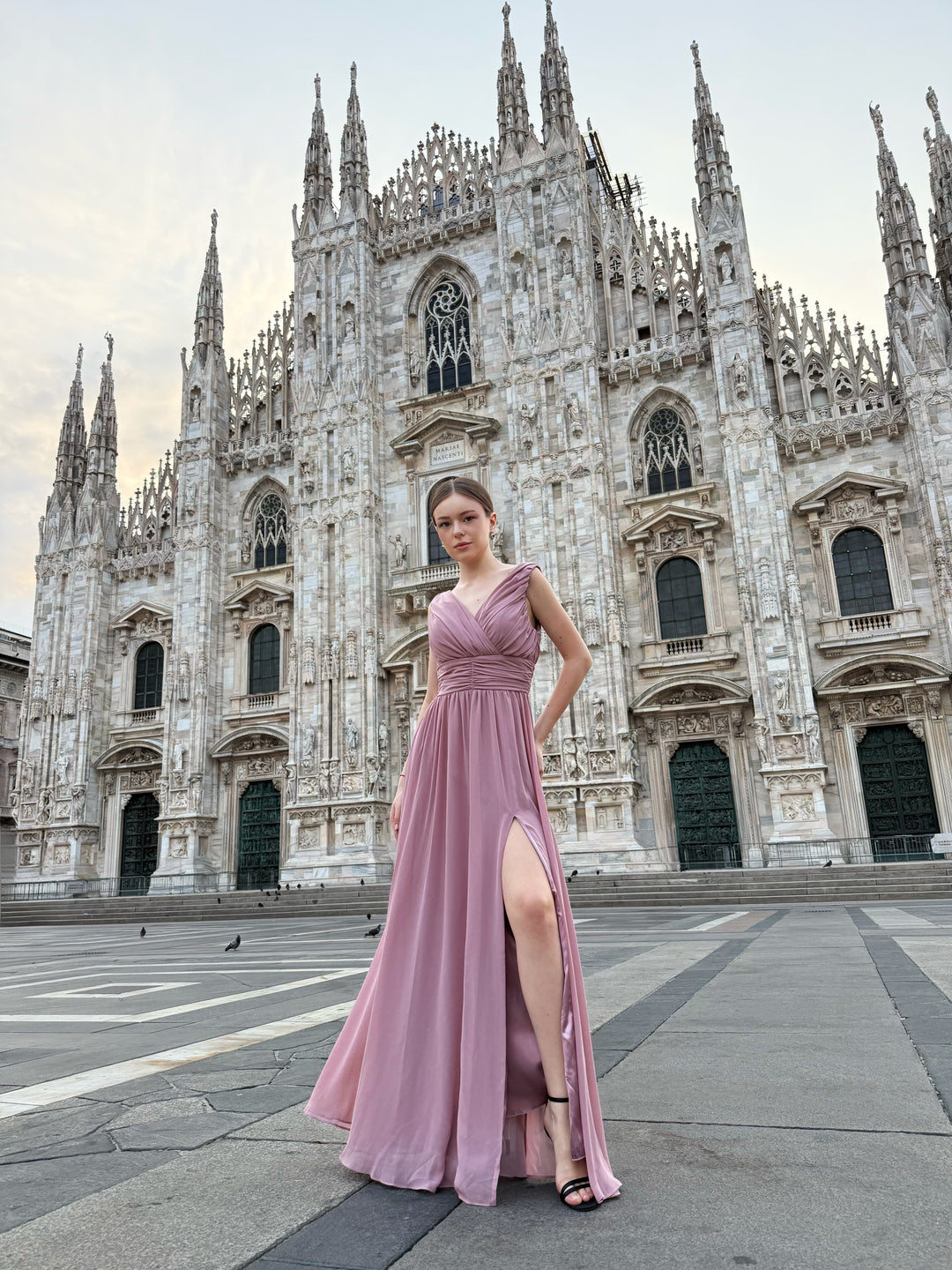 "Callista" Dress – Long V-Neck Dress with Draped Straps and Side Slit