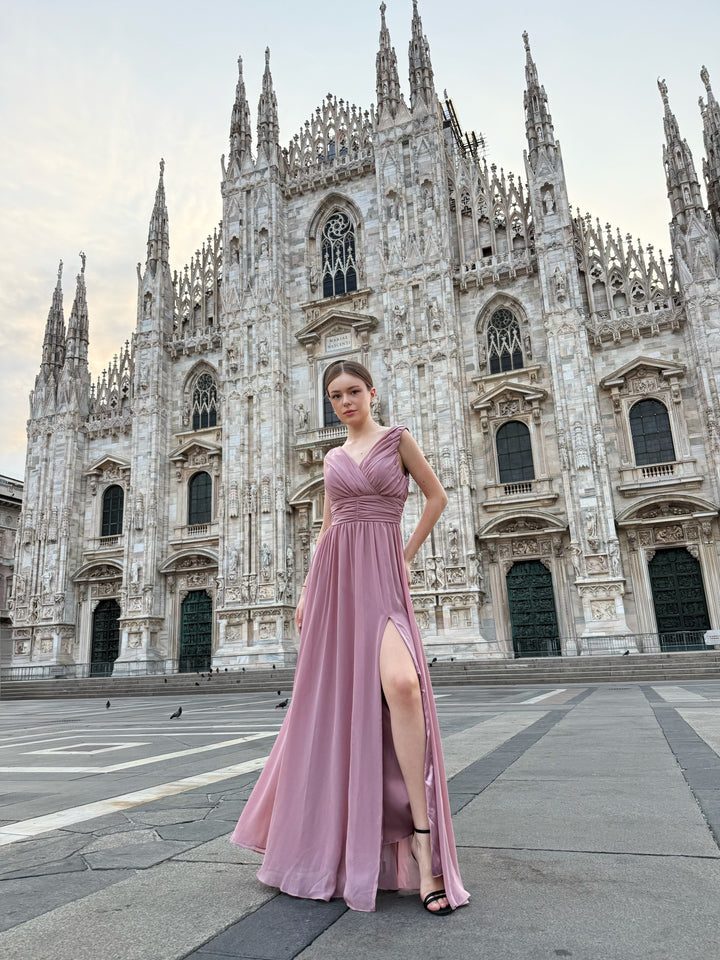 "Callista" Dress – Long V-Neck Dress with Draped Straps and Side Slit