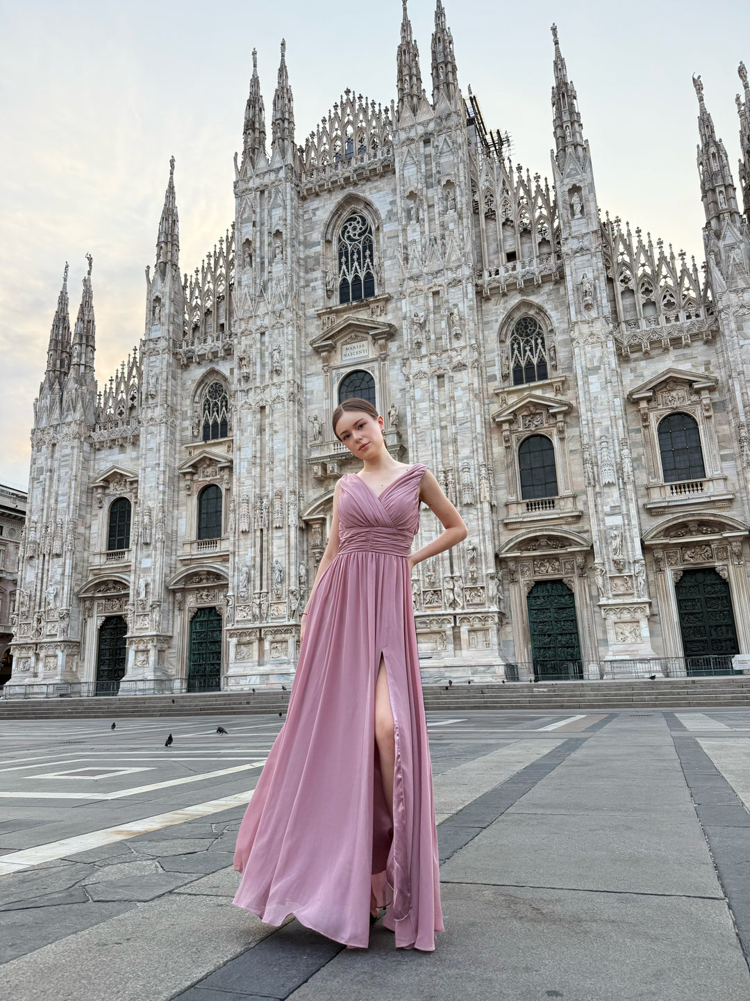 "Callista" Dress – Long V-Neck Dress with Draped Straps and Side Slit