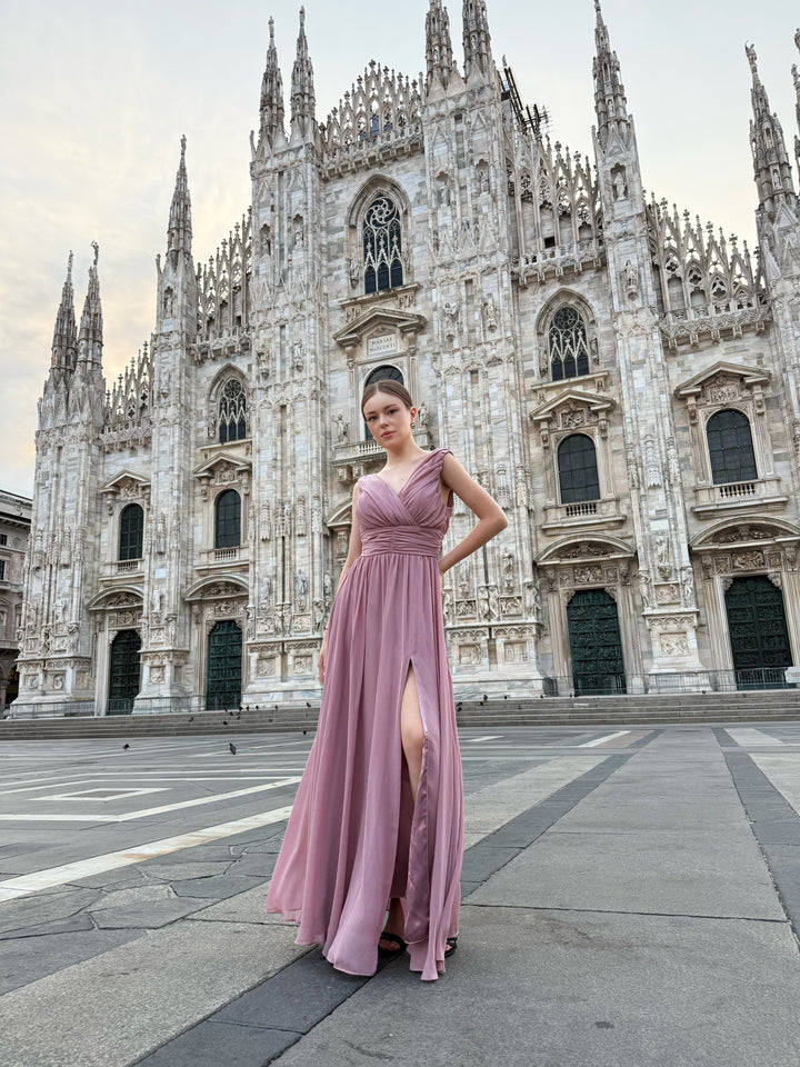 "Callista" Dress – Long V-Neck Dress with Draped Straps and Side Slit