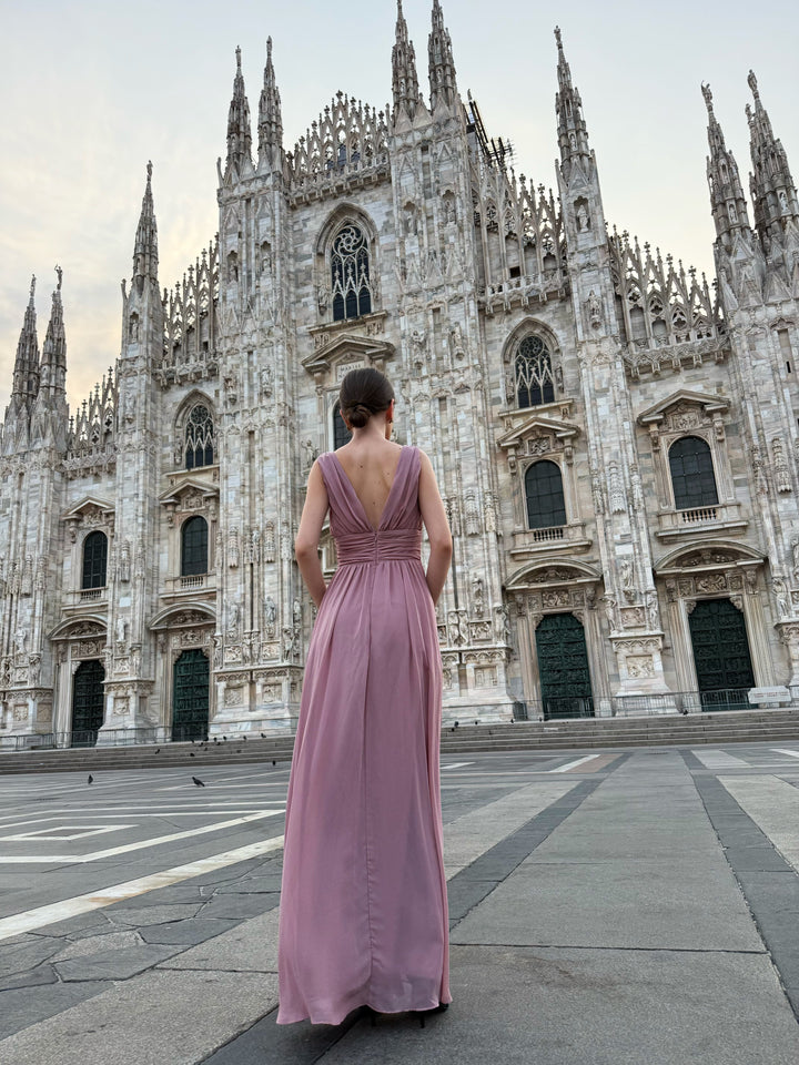 "Callista" Dress – Long V-Neck Dress with Draped Straps and Side Slit