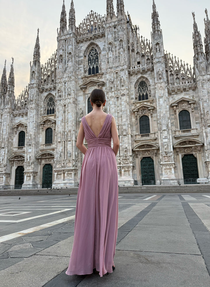 "Callista" Dress – Long V-Neck Dress with Draped Straps and Side Slit