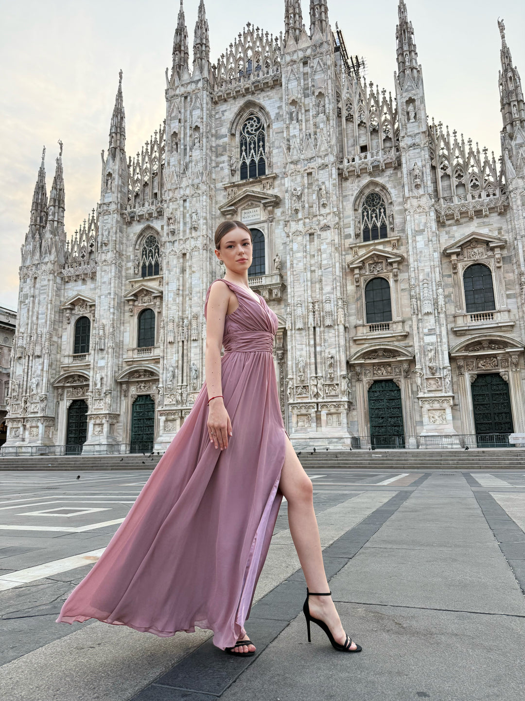 "Callista" Dress – Long V-Neck Dress with Draped Straps and Side Slit