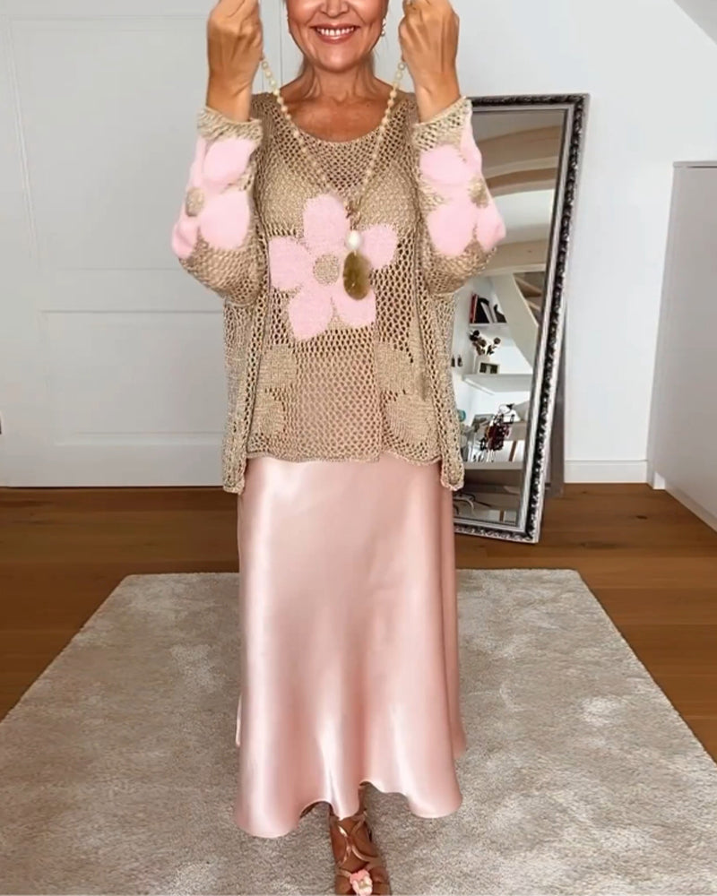 Sasha™ - Floral Knit Sweater with Long, Openwork Sleeves