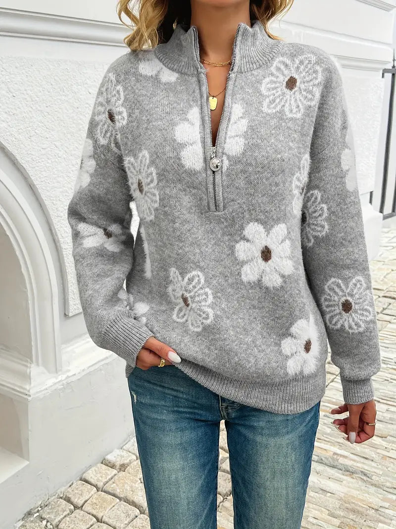 Pauline™ - Floral Zip Sweater with Drop Shoulders