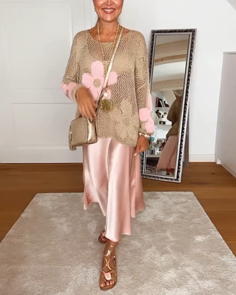 Sasha™ - Floral Knit Sweater with Long, Openwork Sleeves