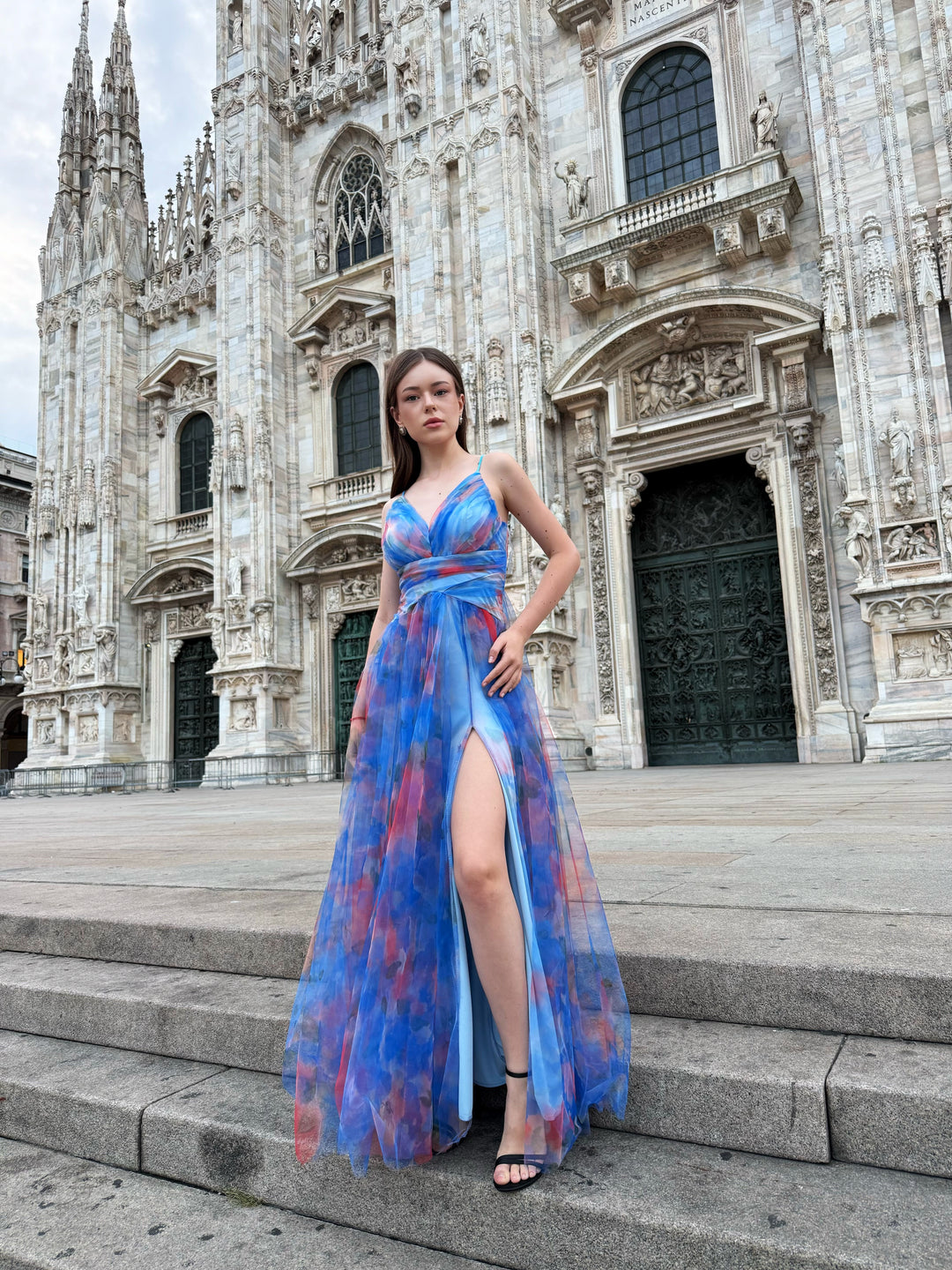 “Silvana” One-Shoulder Floral Dress with Side Slit