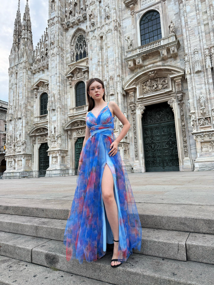 “Silvana” One-Shoulder Floral Dress with Side Slit