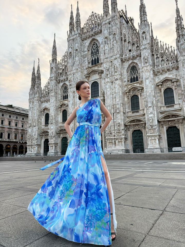 “Silvana” One-Shoulder Floral Dress with Side Slit